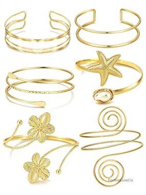 6 Piece Adjustable Arm Cuff Set Upper Arm Bangle Bracelets Gold Silver